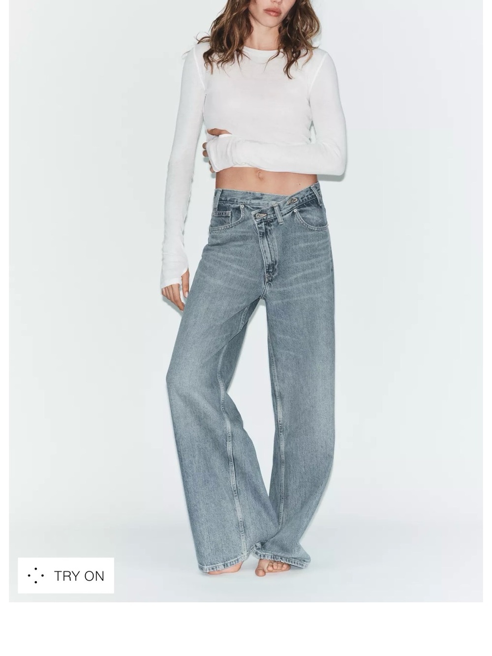 ZARA TRF High-Waist CROSSOVER WAIST Wide-Leg Jeans - Mid Blue - Picture 5 of 8